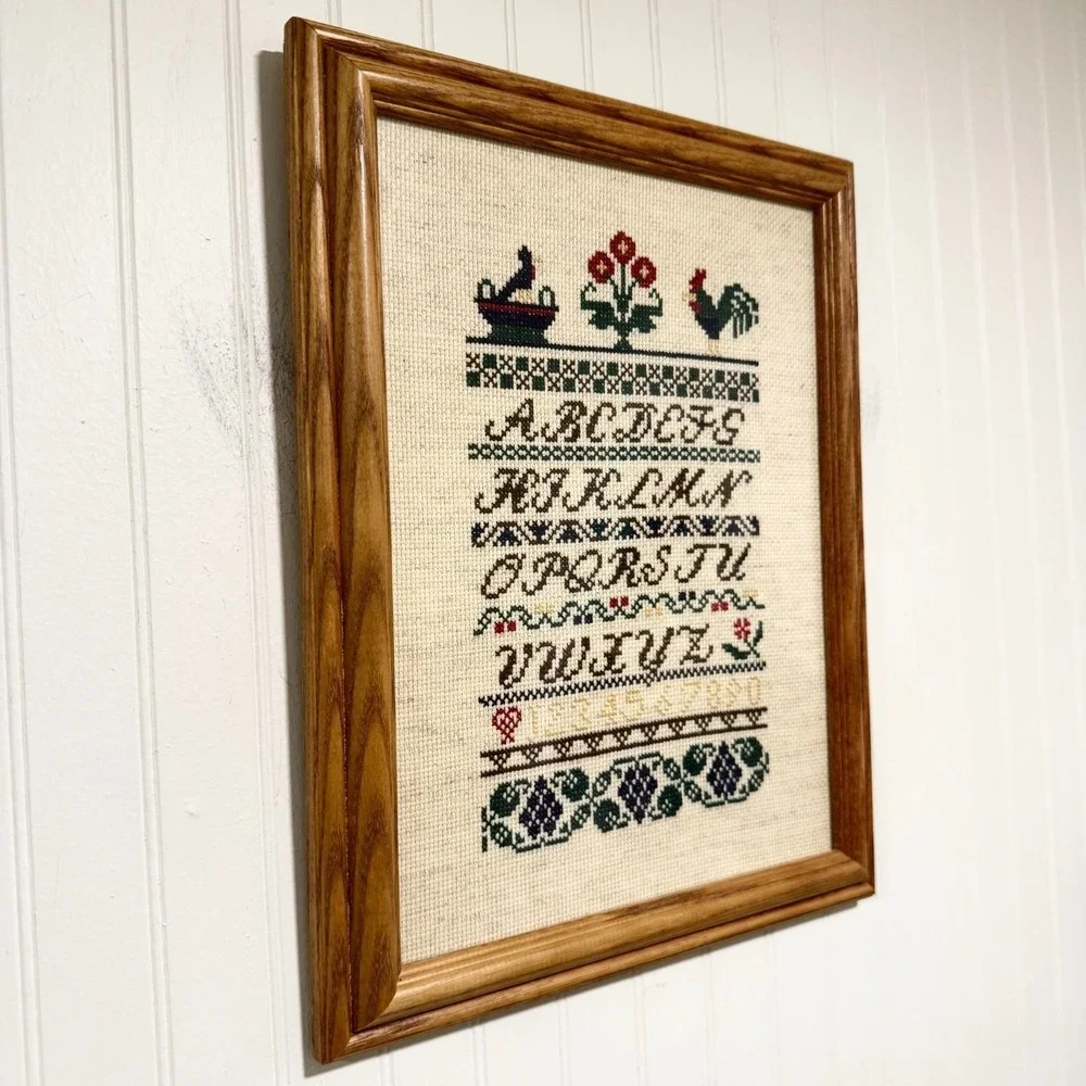 Vintage Framed Folk Art Cross Stitch Alphabet Sampler Hen & Rooster Floral 14x11